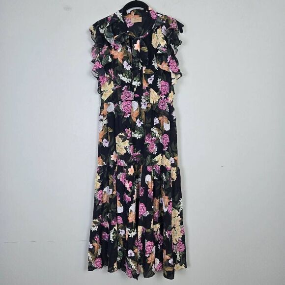 Kachel Womens Floral 100% Silk Midi Dress Size 8 Black Ruffle Tiered Dark Fairy - Picture 2 of 9